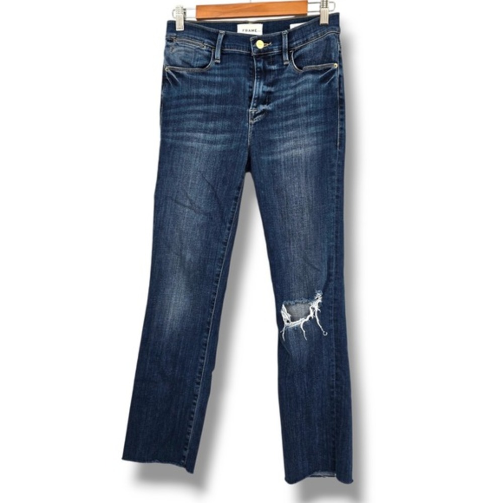 FRAME Le High Straight Leg‎ Distressed Raw Hem Dark Wash Denim Jeans 28
